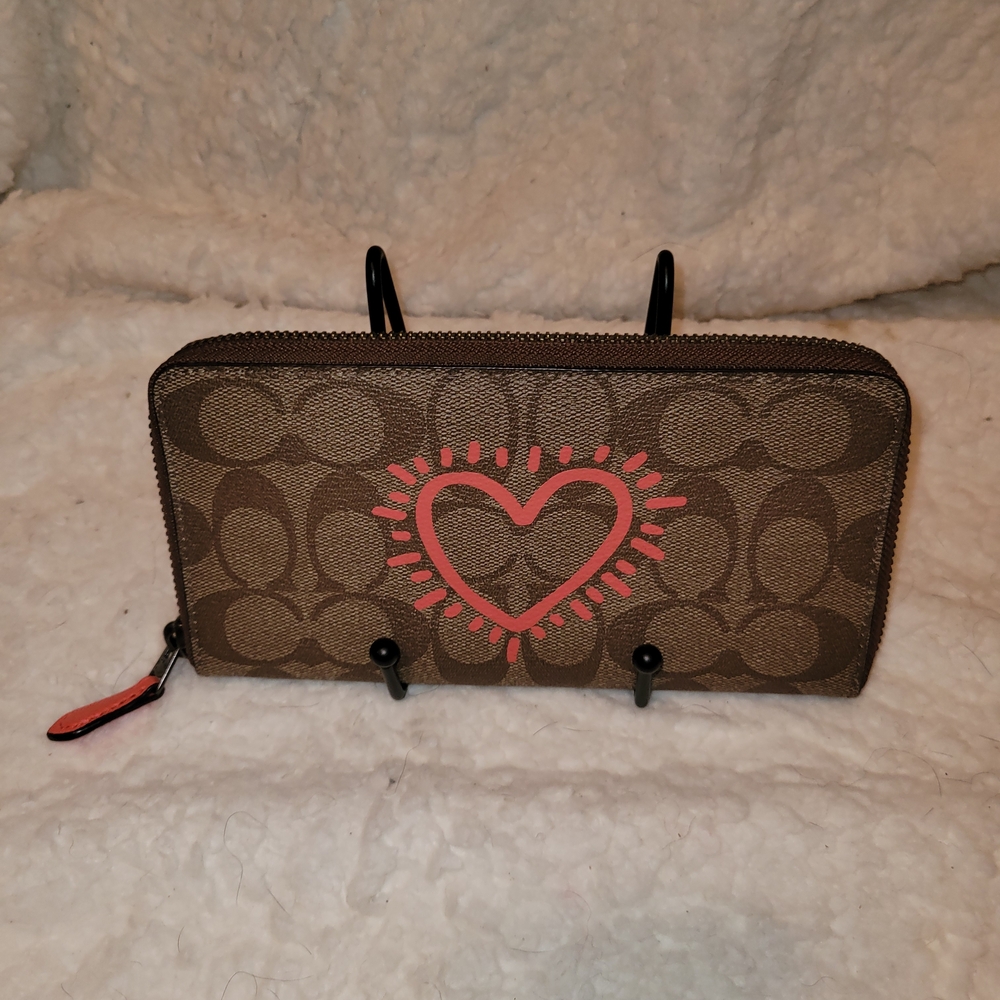Coach Brown Wallet with Pink Heart Design